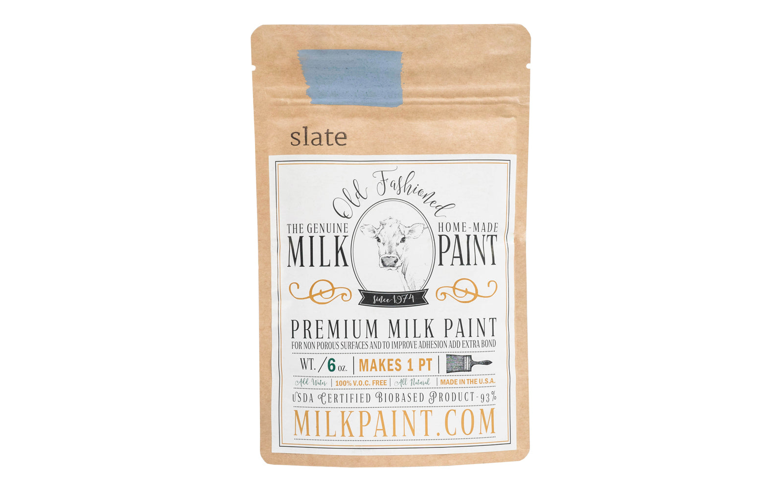 This Milk Paint color is "Slate" - It is a blue with slight gray and purple undertones. Comes in a powder form, you can control how thick/thin you mix the paint. Use it as you would regular paint, thinner for a wash/stain or thicker to create texture. Environmentally safe, non-toxic & is food safe. 100% VOC free. Powder Paint. Made in USA