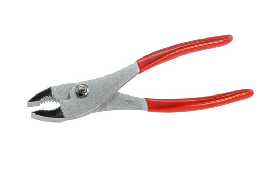 Japanese 8" Slip Joint Pliers. The serrated jaws help grip various different shapes. Fine teeth near nose tip, & coarse teeth in back of jaws.  8" overall length. Vinyl coated handle for a comfortable grip. Well-made & quality slip joint pliers.  Made in Japan.