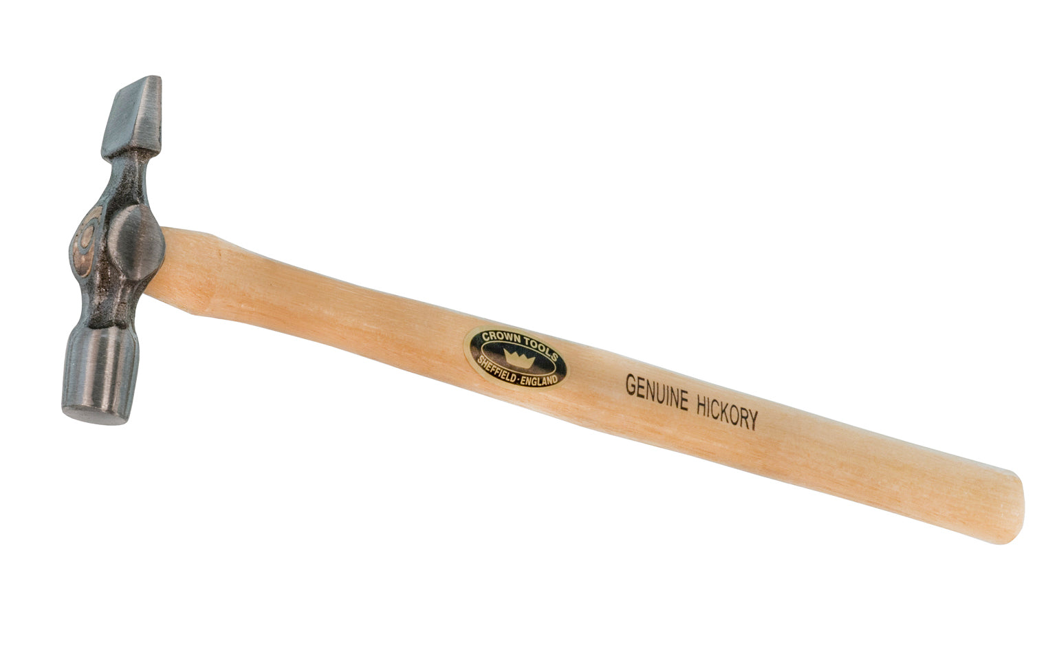 Crown Tools 3-1/2 oz Pin Hammer. Forged head with a lacquered Hickory handle. 13" overall length.  Model 550. Made in Sheffield, England.