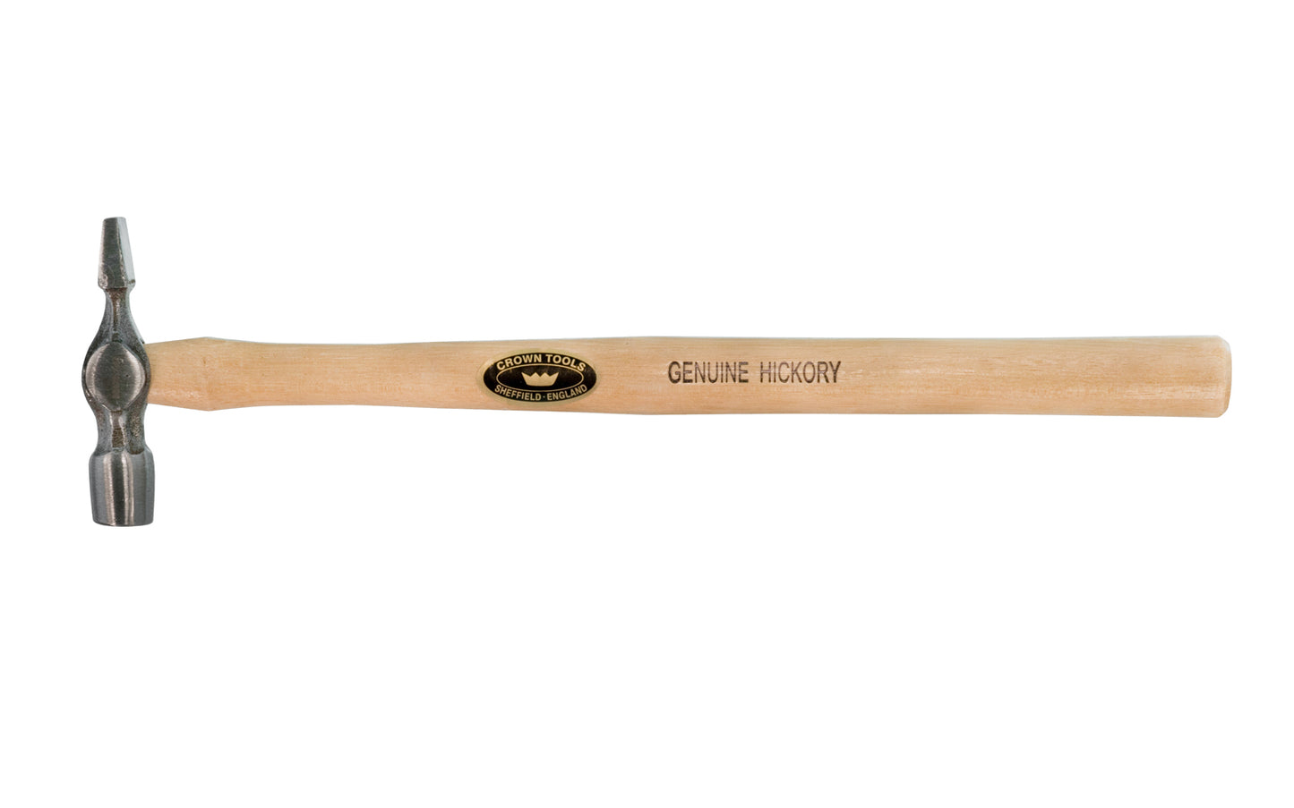 Crown Tools 3-1/2 oz Pin Hammer. Forged head with a lacquered Hickory handle. 13" overall length. Model 550. Made in Sheffield, England.
