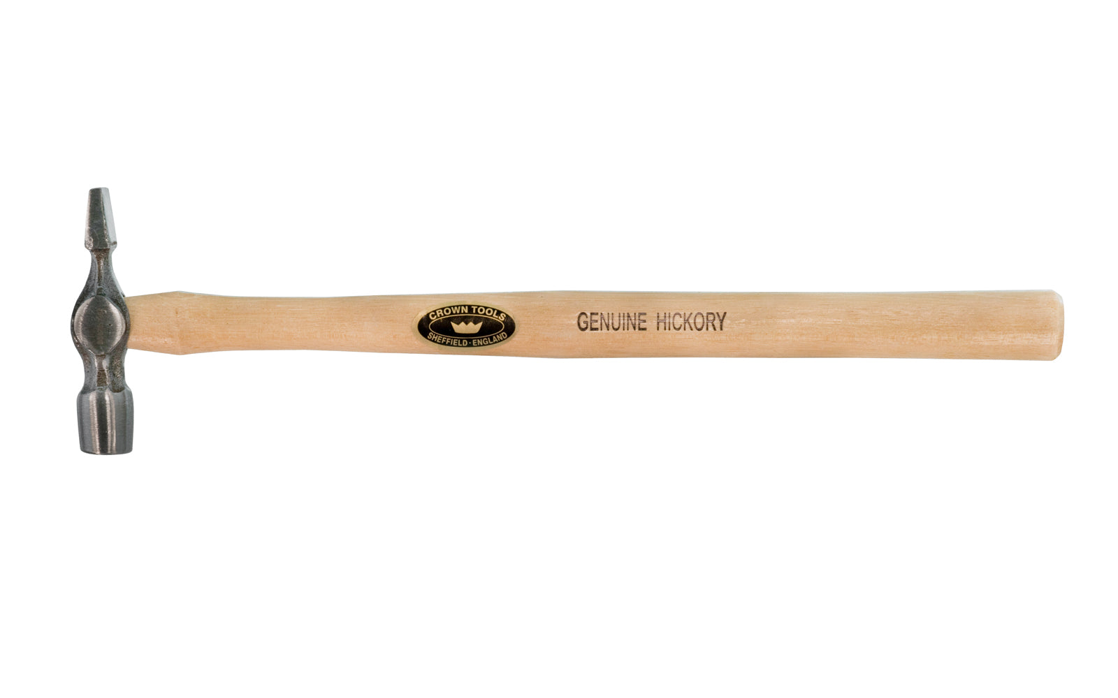 Crown Tools 3-1/2 oz Pin Hammer. Forged head with a lacquered Hickory handle. 13" overall length. Model 550. Made in Sheffield, England.
