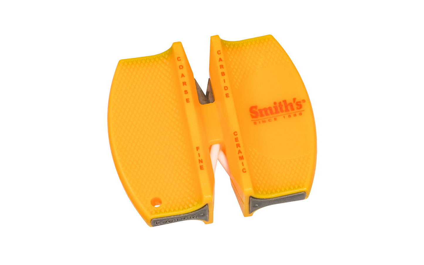 2-Step Knife Sharpener by Smith's features two tungsten carbide blades with pre-set angles to ensure perfect edge. Two crossed ceramic rods also have pre-set angles & provide a smooth finished edge. non-slip rubber feet. Excellent for use on all types of knives, especially filet knives. 027925190050. Model KKCS. KKCB