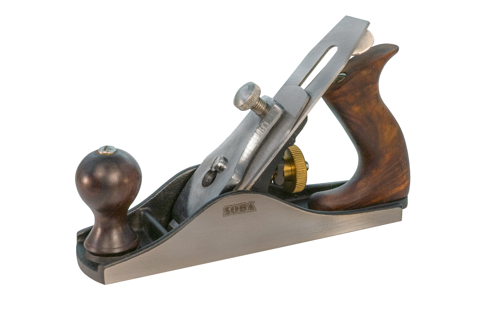This No. 3 smoothing plane body is ribbed to ensure strength & rigidity. positive positioning helps prevent chattering. Iron is made of high carbon steel, hardened & tempered under precise control for accuracy & uniformity. Handle & knob are hardwood. #3 traditional smooth plane. 744391123220. Made by Rider / Soba