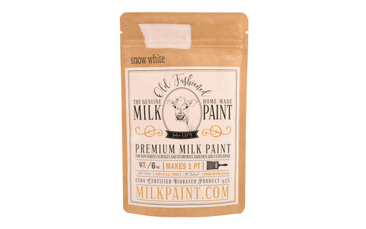 This Milk Paint color is "Snow White" color - Bright clean white with no yellow or pink undertones. Comes in a powder form, you can control how thick/thin you mix the paint. Use it as you would regular paint, thinner for a wash/stain or thicker to create texture. Environmentally safe, non-toxic & is food safe. 100% VOC free. Powder Paint. Made in USA