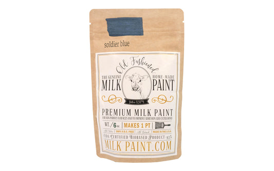 This Milk Paint color is "Soldier Blue" - It is a dusty blue with slight gray undertones. Comes in a powder form, you can control how thick/thin you mix the paint. Use it as you would regular paint, thinner for a wash/stain or thicker to create texture. Environmentally safe, non-toxic & is food safe. 100% VOC free. Powder Paint. Made in USA