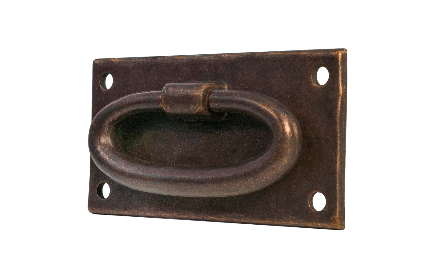 Vintage-style Hardware · Solid Brass Hammered Oval Ring Drop Pull. Designed in the Mission or Arts & Crafts style, Gustav Stickley style hardware. Rustic hammered drop pull. Antique copper finish. Includes pyramid-head screws. Thick solid brass drop pull plate. 1-13/16" high x 3-3/8" wide plate. Reproduction hardware.