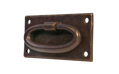 Vintage-style Hardware · Solid Brass Hammered Oval Ring Drop Pull. Designed in the Mission or Arts & Crafts style, Gustav Stickley style hardware. Rustic hammered drop pull. Antique copper finish. Includes pyramid-head screws. Thick solid brass drop pull plate. 1-13/16" high x 3-3/8" wide plate. Reproduction hardware.