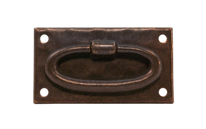 Vintage-style Hardware · Solid Brass Hammered Oval Ring Drop Pull. Designed in the Mission or Arts & Crafts style, Gustav Stickley style hardware. Rustic hammered drop pull. Antique copper finish. Includes pyramid-head screws. Thick solid brass drop pull plate. 1-13/16" high x 3-3/8" wide plate. Reproduction hardware.