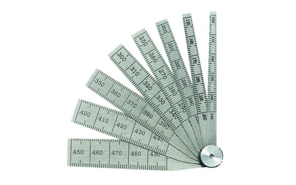The Starrett 269 Taper Gage features .001" graduation, .100-500" range, is 2-1/2" in Length with 8 leaves. Quick, accurate measurement of hole & slot sizes. Gauge made of tempered steel with a locking device for fixing any leaf in position for use.  Made in USA. Model 269A. 049659512908