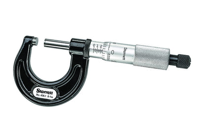 Starrett 436.1 Outside Micrometer features ratchet stop, lock nut, and carbide face, and .001" Grad, Ratchet Stop, Lock Nut, Carbide Faces.  Model 436.1XRL-1