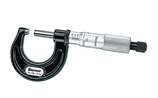 Starrett 436.1 Outside Micrometer features ratchet stop, lock nut, and carbide face, and .001" Grad, Ratchet Stop, Lock Nut, Carbide Faces.  Model 436.1XRL-1