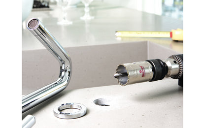 These Starrett diamond grit hole saws have synthetic diamond grit bonded over a durable steel platform. Capable of cutting through porcelain, glass, ceramics, brick, stone & concrete. High performance saws for non-metallic materials. Smaller diameter hole saws are great for kitchen & bathroom installations.