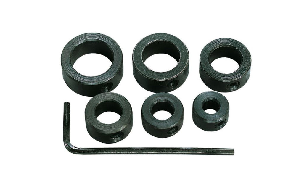 General Tools Drill Stop Set Model S838. Made of cold rolled steel, with a black oxide finish. Includes sizes:  3/16",  1/4",  5/16",  3/8",  7/16",  1/2". Includes hex wrench. 038728230966