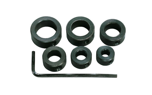General Tools Drill Stop Set Model S838. Made of cold rolled steel, with a black oxide finish. Includes sizes:  3/16",  1/4",  5/16",  3/8",  7/16",  1/2". Includes hex wrench. 038728230966