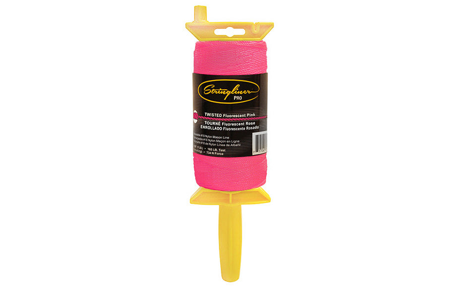Stringliner Twisted Mason Line - Fluorescent Pink. Stringliner PRO Mason's Line Reloadable Reels are made of durable polyethylene, with a USA-made handle that allows you to quickly change rolls. Pro Reel fits Stringliner rolls from 4" to 6" long. 1080' length roll. #18 nylon twisted mason line