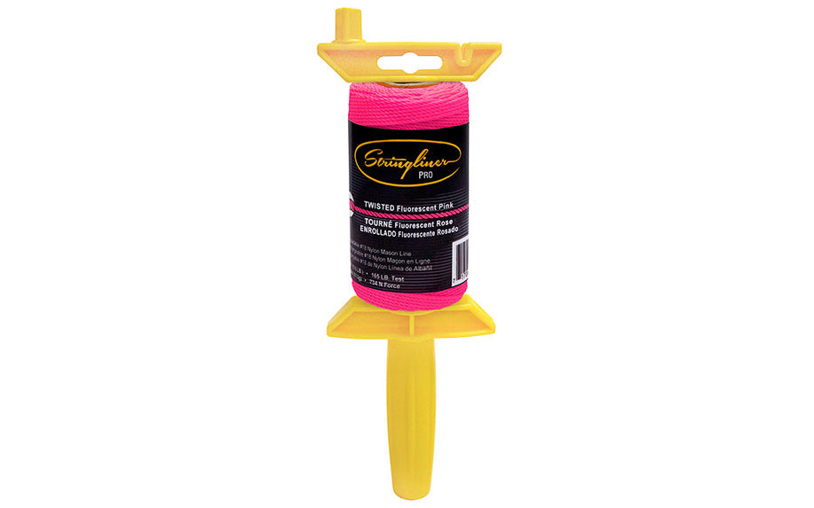 Stringliner Twisted Mason Line - Fluorescent Pink. Stringliner PRO Mason's Line Reloadable Reels are made of durable polyethylene, with a USA-made handle that allows you to quickly change rolls. Pro Reel fits Stringliner rolls from 4" to 6" long. 270' length roll. #18 nylon twisted mason line