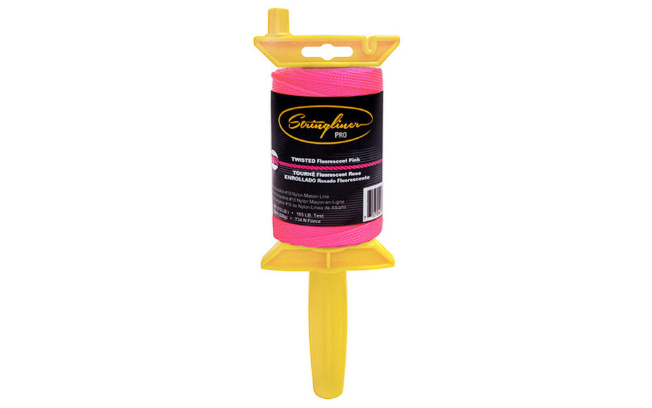 Stringliner Twisted Mason Line - Fluorescent Pink. Stringliner PRO Mason's Line Reloadable Reels are made of durable polyethylene, with a USA-made handle that allows you to quickly change rolls. Pro Reel fits Stringliner rolls from 4" to 6" long. 540' length roll. #18 nylon twisted mason line
