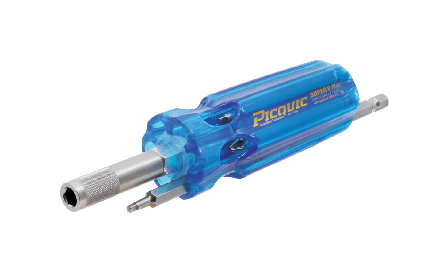 Picquic Model 98881 - Carded "Super 8 Plus" with a solid handle for comfort & torque, & has no moving parts. Bits included: #1, #2, #3 phillips, 1/4", 3/16" slotted, #2 square, 15 Torx. Super 8 Plus Multi-Bit screwdriver with bit storage in handle. 57369988814. magnetic rare earth magnet holds the working bit in shank