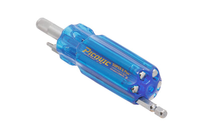 Picquic Model 98881 - Carded "Super 8 Plus" with a solid handle for comfort & torque, & has no moving parts. Bits included: #1, #2, #3 phillips, 1/4", 3/16" slotted, #2 square, 15 Torx. Super 8 Plus Multi-Bit screwdriver with bit storage in handle. 57369988814. magnetic rare earth magnet holds the working bit in shank