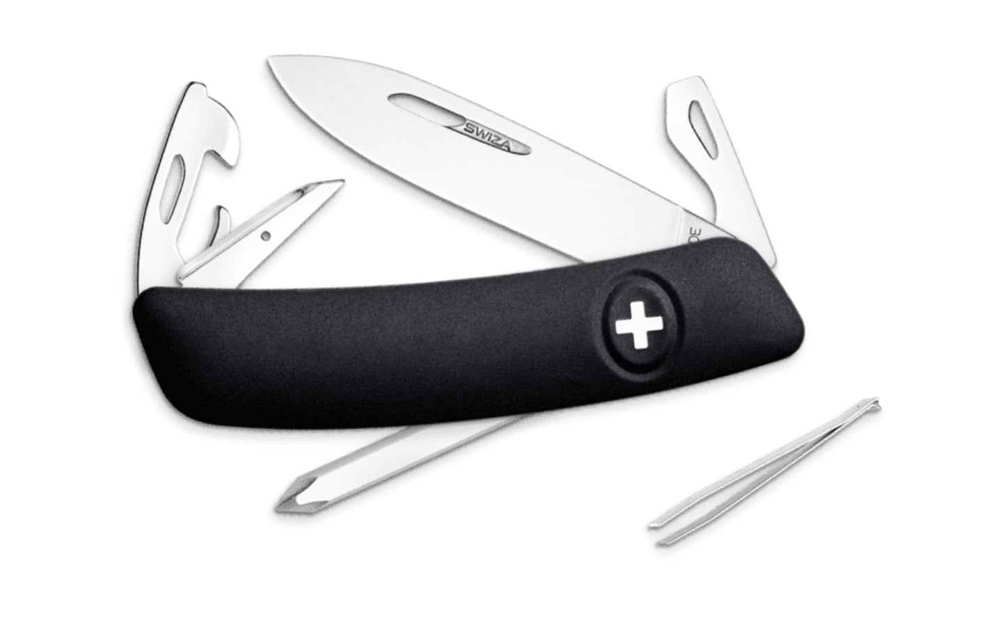 Swiza D04 Black Swiss Multi-Tool Knife. 3-3/4" closed length. Includes 75 mm blade, blade lock, reamer/punch, sewing awl, bottle opener, #3 slotted screwdriver, #1 slotted screwdriver, #1 phillips screwdriver, wire bender, can opener, tweezers. Swiss Army Style Knife. Made in Switzerland.