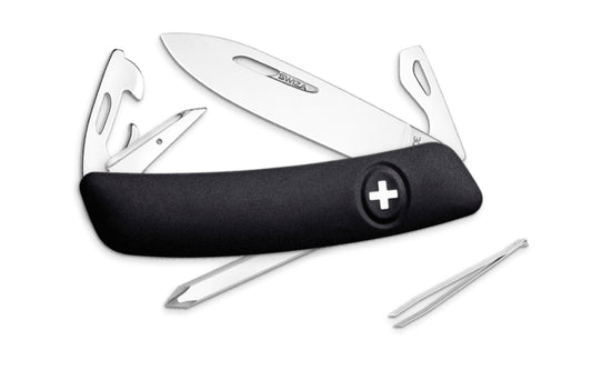 Swiza D04 Black Swiss Multi-Tool Knife. 3-3/4" closed length. Includes 75 mm blade, blade lock, reamer/punch, sewing awl, bottle opener, #3 slotted screwdriver, #1 slotted screwdriver, #1 phillips screwdriver, wire bender, can opener, tweezers. Swiss Army Style Knife. Made in Switzerland.