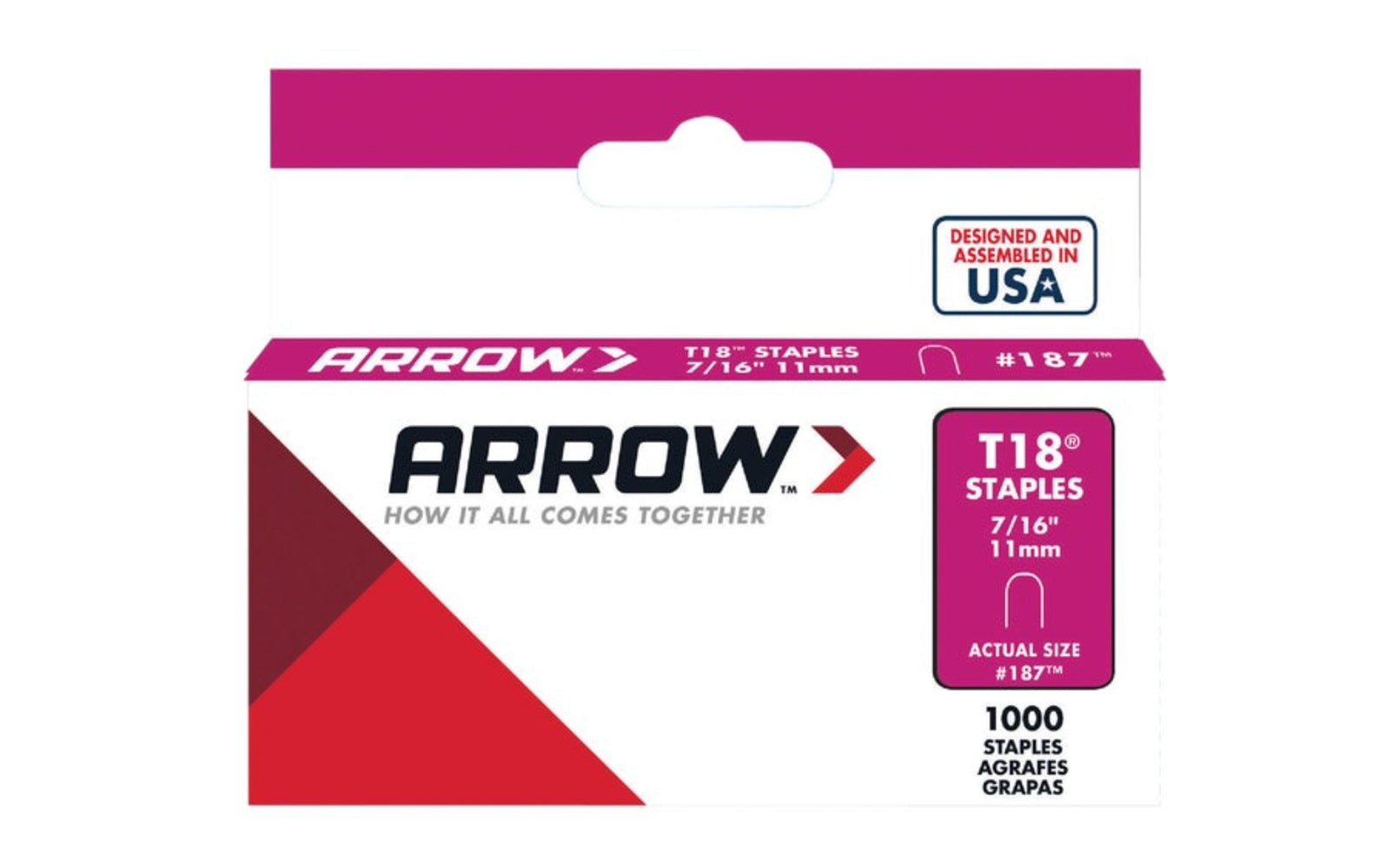 Arrow T18 Round Crown Cable 7/16" Staples - 1000 PK. Fits wire up to 3/16" diameter. Good for Telephone Wiring & Cable.  Designed & assembled in USA. 079055187165. Model No. 187. Designed for use with Arrow staple gun Model No. T18.