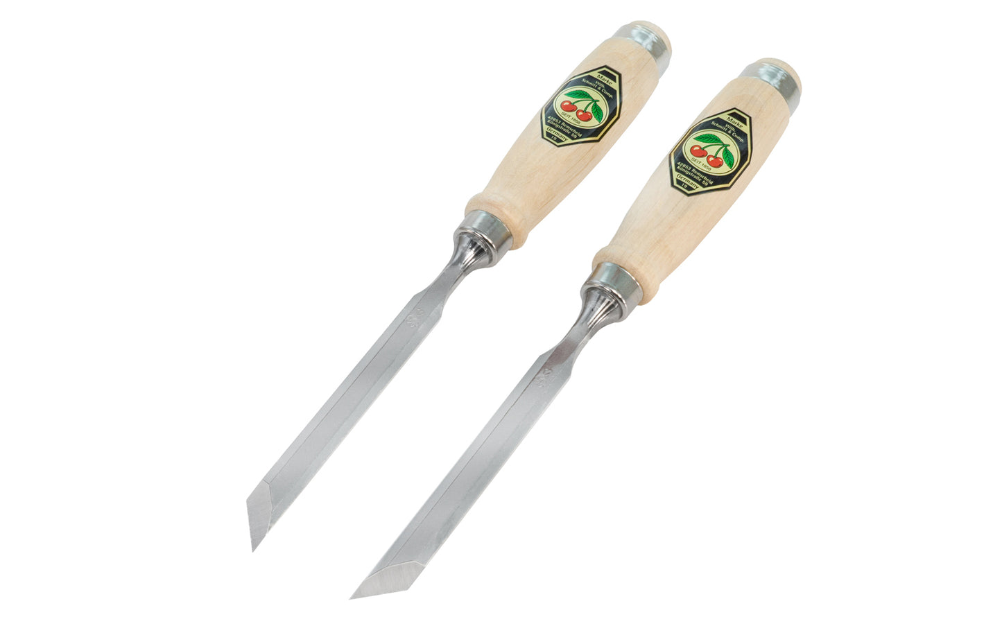 Pair of 45° Skew Bevel Edge Chisels made by Two Cherries in Germany. Great for cleaning out tight inside corners, protruding dovetails, stopped dados, tenons, dowels & other applications. 12 mm wide blades. Left angle & right angle chisels. 45 degree chisels. 1056-12mm. High carbon steel, tempered to Rc61 Rockwell