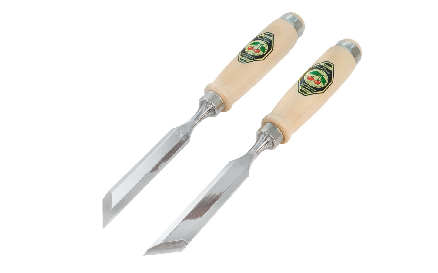 Pair of 45° Skew Bevel Edge Chisels made by Two Cherries in Germany. Great for cleaning out tight inside corners, protruding dovetails, stopped dados, tenons, dowels & other applications. 20 mm wide blades. Left angle & right angle chisels. 45 degree chisels. 1056-20mm. High carbon steel, tempered to Rc61 Rockwell