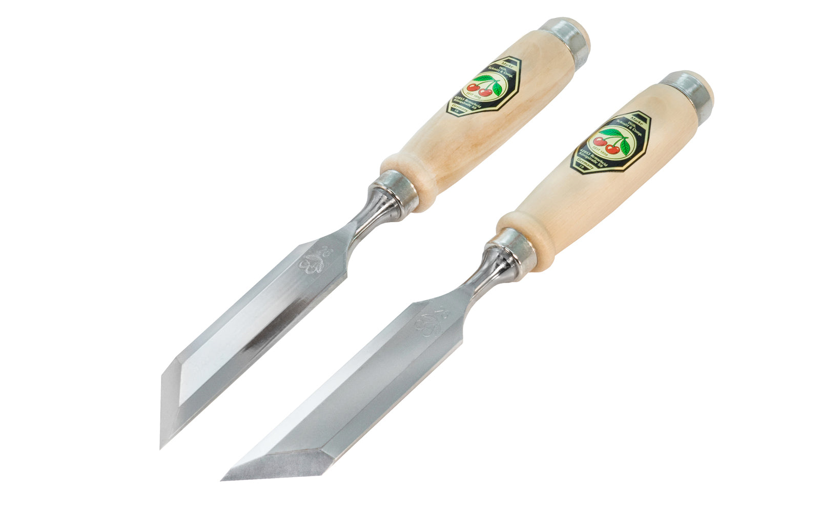 Pair of 45° Skew Bevel Edge Chisels made by Two Cherries in Germany. Great for cleaning out tight inside corners, protruding dovetails, stopped dados, tenons, dowels & other applications. 26 mm wide blades. Left angle & right angle chisels. 45 degree chisels. 1056-26. High carbon steel, tempered to Rc61 Rockwell