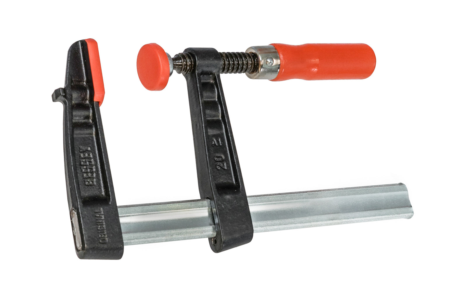 Bessey Light-Duty Steel Bar Clamps heads are made of malleable cast iron. The fixed jaw & sliding arm generates powerful & rigid clamping - acts against torsional forces - Wooden handles - 880 lbs. clamping pressure - Model No. TG4.008 - "TG series" Bessey Clamps 8" max opening - 4" throat depth - Made in Germany - 091162007044
