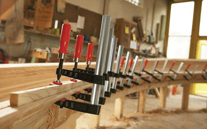 This Bessey 24" Medium-Duty Steel Bar Clamp head is made of malleable cast iron. Fixed jaw & sliding arm generates powerful & rigid clamping. Wooden handles - 1000 lb. clamping pressure - Model TG4.524 - "TG series" Bessey Clamps 24" max opening - 4-1/2" throat depth - Made in Germany - 091162007570. Medium Duty Clamp