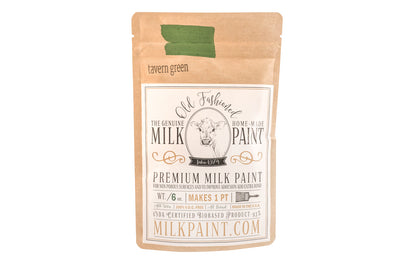 This Milk Paint color is "Tavern Green" - Dark subdued grass green. Comes in a powder form, you can control how thick/thin you mix the paint. Use it as you would regular paint, thinner for a wash/stain or thicker to create texture. Environmentally safe, non-toxic & is food safe. 100% VOC free. Powder Paint. Made in USA