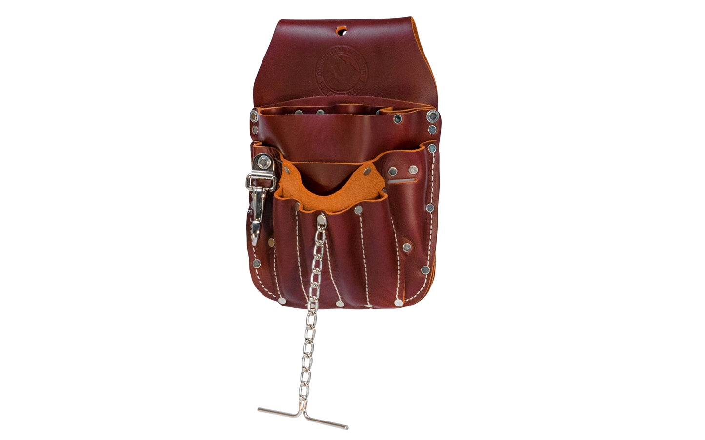 Occidental Leather Pouch Model 5049 - Fits up to 2" work belt - An all leather multi tool holder Telecom pouch for Professional Electricians & Telecommunication specialists. Function engineered to provide superior organization & holders for specialty tools. 14 pockets & tool holders plus a chain for tape 