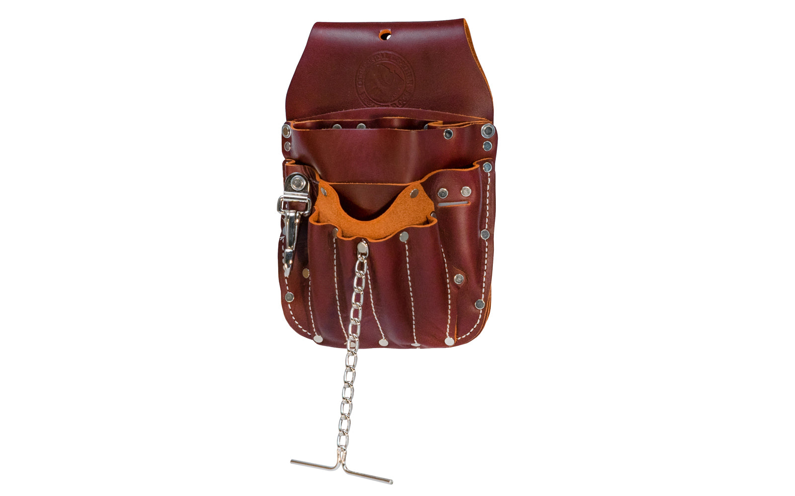 Occidental Leather Pouch Model 5049 - Fits up to 2" work belt - An all leather multi tool holder Telecom pouch for Professional Electricians & Telecommunication specialists. Function engineered to provide superior organization & holders for specialty tools. 14 pockets & tool holders plus a chain for tape 