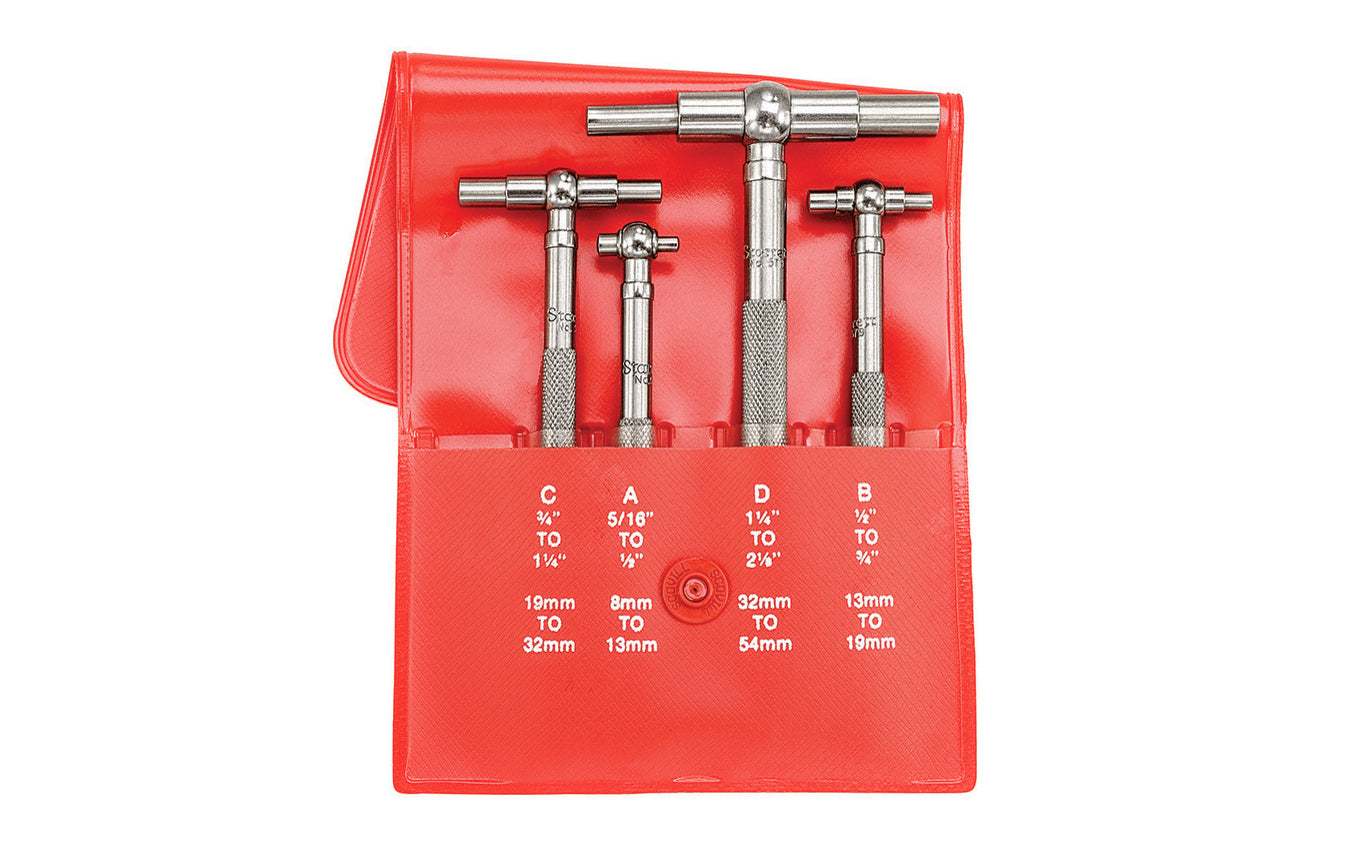 Starrett 579 Telescoping Gage is used for determining the true size of holes, slots, and recesses. The ends of both contacts are hardened and ground to a radius to allow proper clearance on the smallest hole the gage will enter. Model S579GZ. Includes No. A, B, C, D, gages