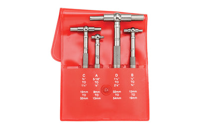 Starrett 579 Telescoping Gage is used for determining the true size of holes, slots, and recesses. The ends of both contacts are hardened and ground to a radius to allow proper clearance on the smallest hole the gage will enter. Model S579GZ. Includes No. A, B, C, D, gages