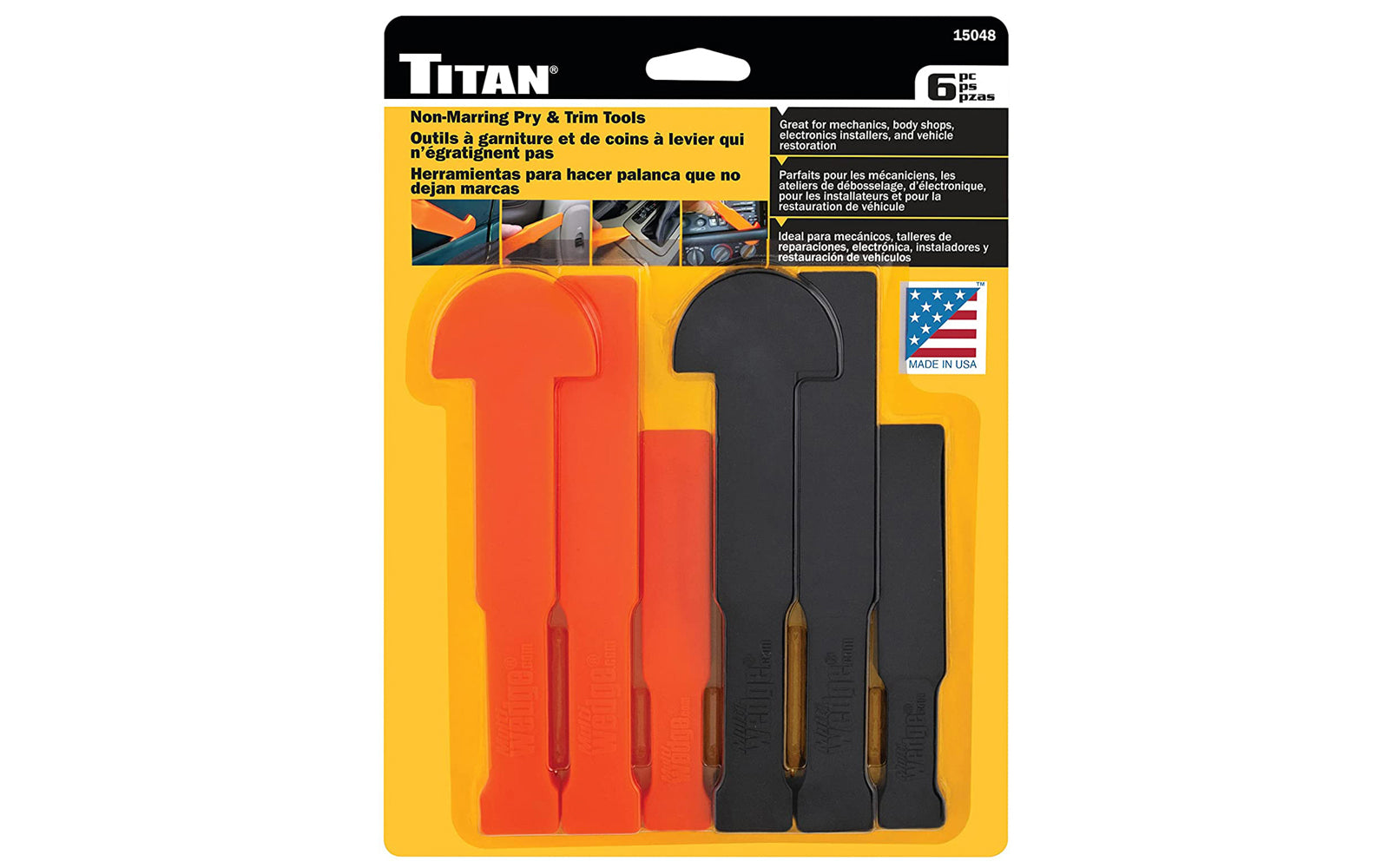 Made in USA. Titan Tools Non-Marring Pry & Trim Tools. Excellent for prying apart delicate materials. Great for mechanics, body shops, electronic installers, vehicle restoration, delicate molding, etc. 6 PC set. 802090150487