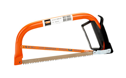 This Bahco 12" Toolbox-Sized Mini Bow Saw. Includes Bahco type 51 blade for cutting dry wood & 'Sandflex" bi-metal hacksaw blade 3906 with 24 TPI for metal cutting. Includes blade protector for safety & hand guard to prevent knuckle injuries. Model No. 9-12-51/3806-KP. 7311518044558. Made in Portugal.