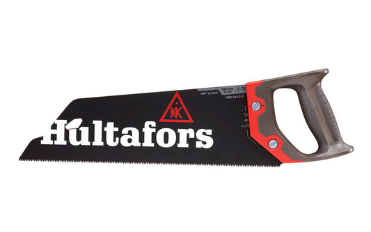Hultafors Model HBX-14-11-S - 14” long blade - Toolbox hand saw - 11 TPI - Unique teeth’s with 3-phase grinding combines efficiency & long life time - 1 mm thick steel blade - Wax-based powder coating gives rust protection, less friction & power-consuming side vibrations - Ergonomic & durable ABS handle - 590750U