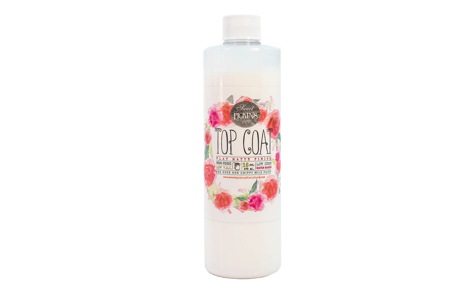 Sweet Pickins' Top Coat is a a water-based, non-toxic polymer finish for use over Milk Paint to protect against stains, dirt, & abrasion. Gives a matte finish. Perfect over milk paint to keep the chalky, flat look. Also great over wood to keep the raw look without deepening the color. 16 oz container.