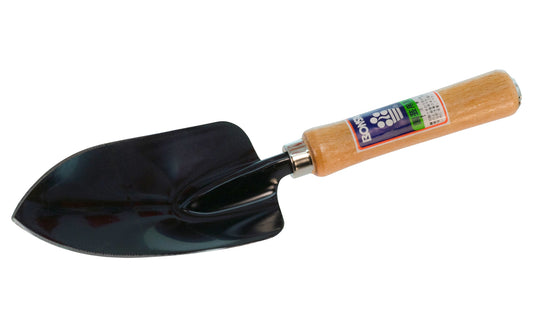 Japanese Garden Trowel. Made of high carbon steel with a black finish. Lacquered hardwood handle with nickel ferrule. 4934740051113.  Made in Japan.