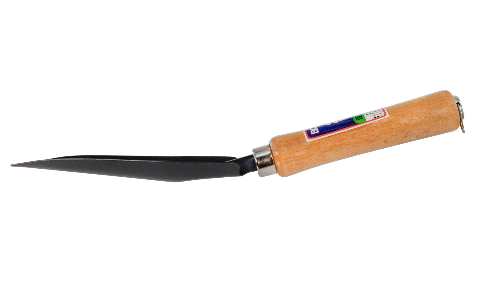 Japanese Garden Trowel with V-Notch. Made of high carbon steel with a black finish. V-notch for weeding on tip. Lacquered hardwood handle with nickel ferrule.  Made in Japan. 4934740005123