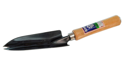 Japanese Garden Trowel with V-Notch. Made of high carbon steel with a black finish. V-notch for weeding on tip. Lacquered hardwood handle with nickel ferrule.  Made in Japan. 4934740005123