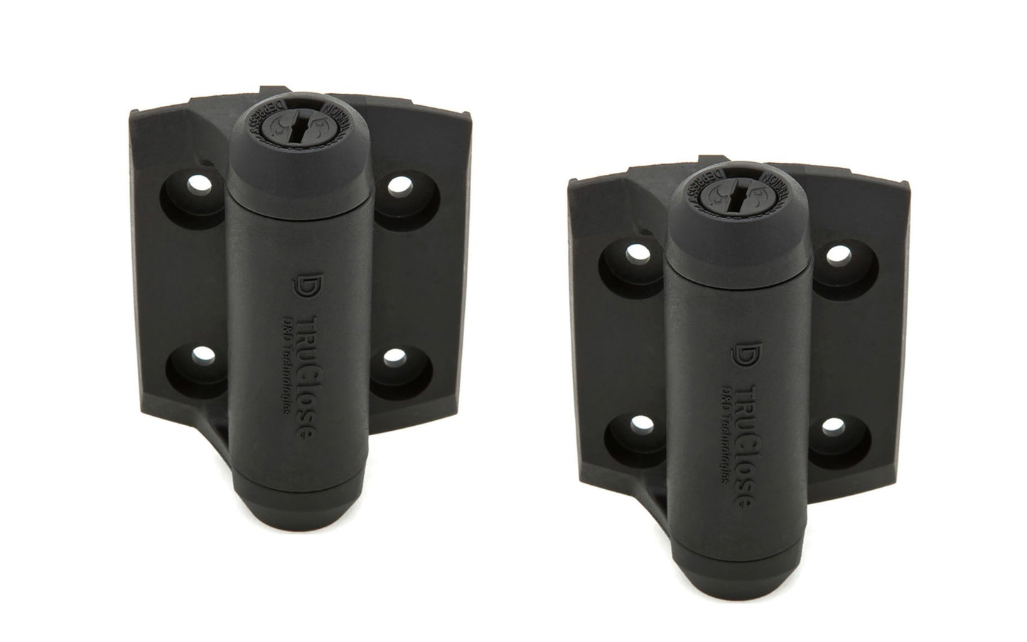 TruClose Narrow Self-Closing Gate Hinge - 2 Pack. Adjustable self-closing speed hinges - Self-closes gates up to a maximum of 66 lbs (5' high x 3' wide gate). 3-13/16" high x  2-1/2" wide size hinges. Industrial strength polymer with stainless steel components. National Hardware Model N346-206. Rust & corrosion proof