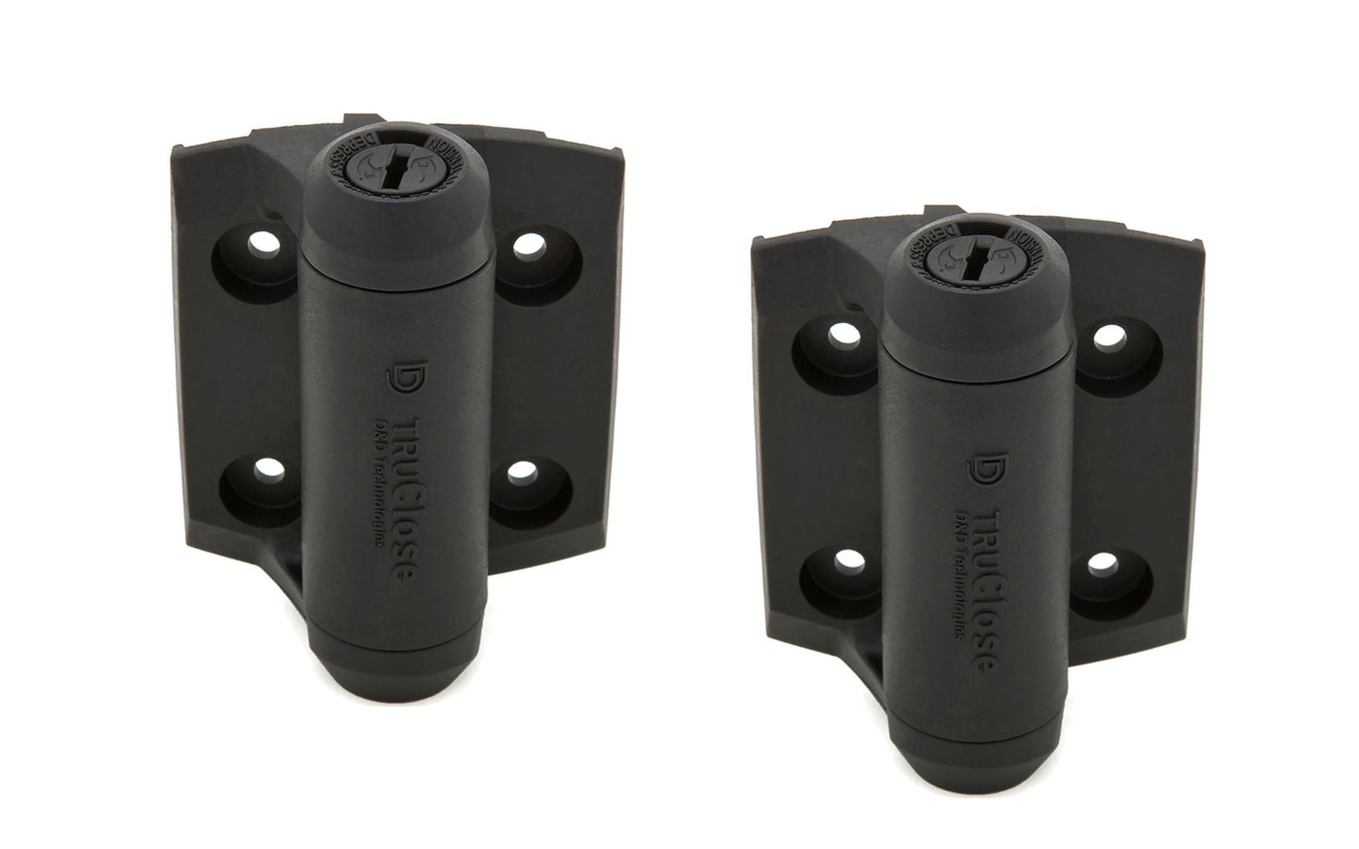 TruClose Narrow Self-Closing Gate Hinge - 2 Pack. Adjustable self-closing speed hinges - Self-closes gates up to a maximum of 66 lbs (5' high x 3' wide gate). 3-13/16" high x  2-1/2" wide size hinges. Industrial strength polymer with stainless steel components. National Hardware Model N346-206. Rust & corrosion proof