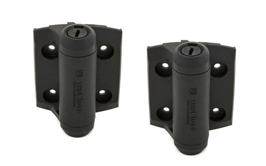 TruClose Narrow Self-Closing Gate Hinge - 2 Pack. Adjustable self-closing speed hinges - Self-closes gates up to a maximum of 66 lbs (5' high x 3' wide gate). 3-13/16" high x  2-1/2" wide size hinges. Industrial strength polymer with stainless steel components. National Hardware Model N346-206. Rust & corrosion proof