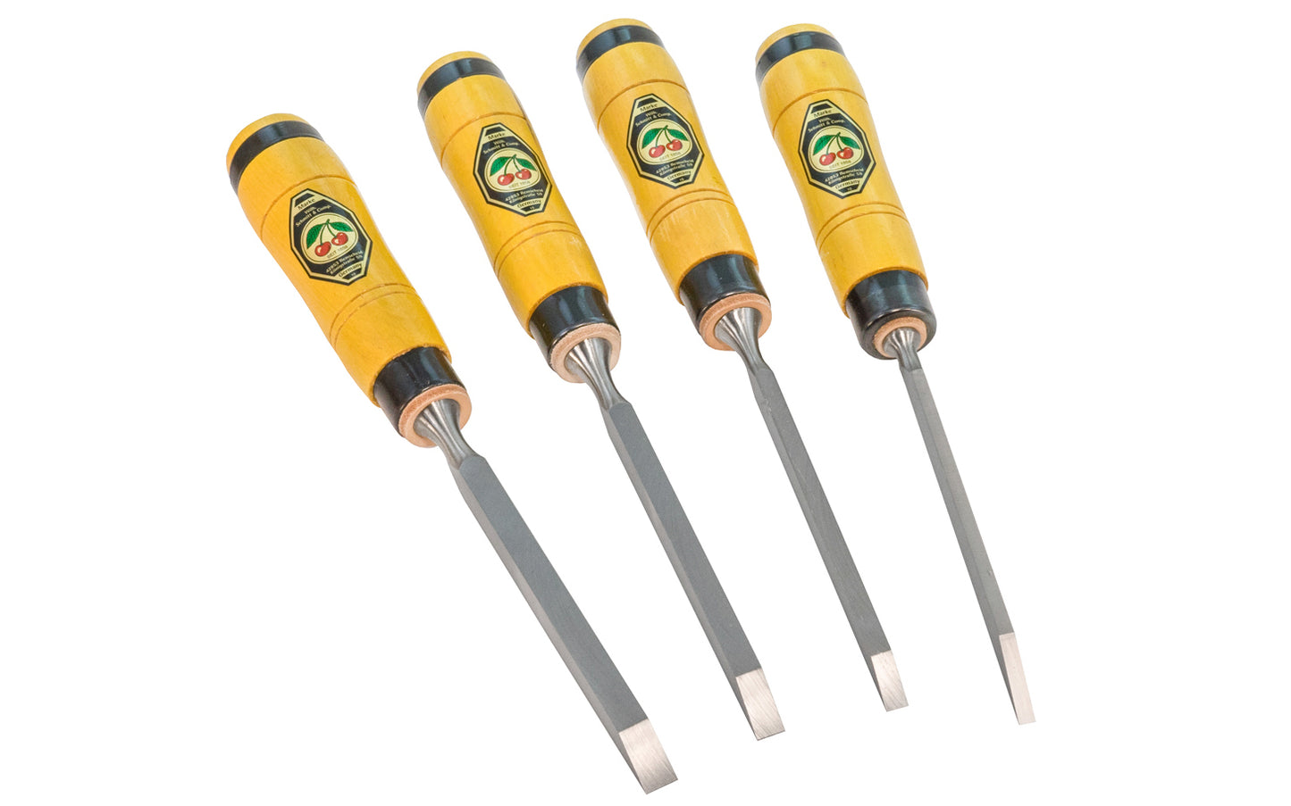 Heavy Pattern 4-Piece Mortise Chisel Set made by Two Cherries in Germany. Chisel has a stiff thick blade for clearing out wood waste & has wide side edges that help keep the chisel square when working in the mortise. The chisel has a leather disc shock absorber to help absorb mallet blows. Lochbeitel.  Model No. 1305