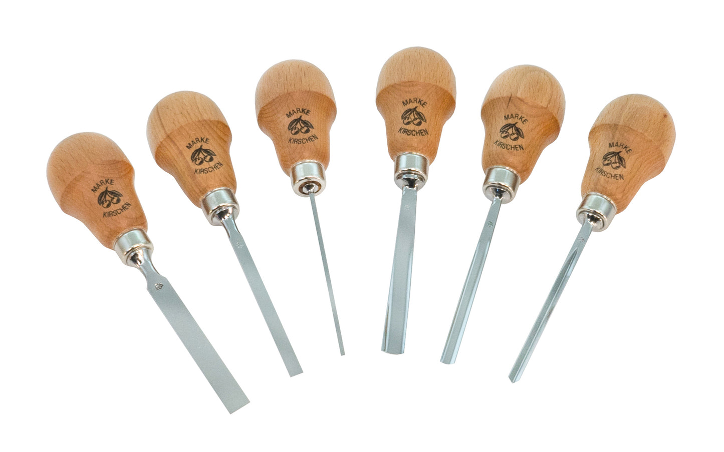 A Two Cherries 6-Piece Pear-Handled Carving Set made by Two Cherries in Germany. Designed for carvers who do mostly smaller work, where large amounts of wood are not being removed. High carbon steel with polished blades. Pear shaped handles comfortable in the hand. Palm carving tools. Model 5696 SB. 4016649056953