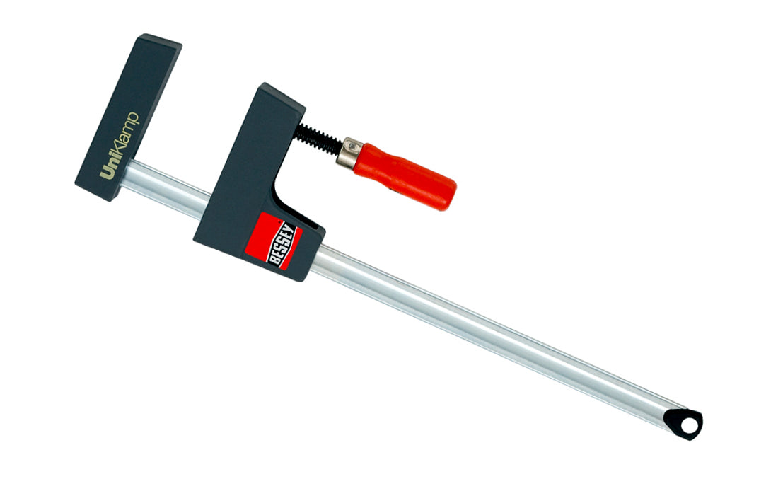 Bessey "UniKlamp" is a light duty universal clamp/spreader for bench top projects with a lighter frame & rail. Gentle touch jaws distribute the clamping pressure along the entire length of the rail & are ideal for sensitive work pieces & right angles. 12" max opening - 3-1/8" throat depth - Model UK3.012 - Wood handles - 091162006696