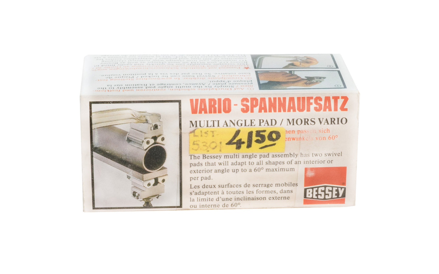 The Bessey Multi-Angle Pad assembly has two swivel pads that will adapt to all shapes of an interior or exterior angle up to a 60° maximum per pad. Fits Bessey GZ, SGM, & TG malleable cast iron clamps. Made in Germany. Bessey Multi-Angle Pads - Pair. Swivel base can be locked. Sold as 2 in pack.  "Vario-Spannaufsatz"